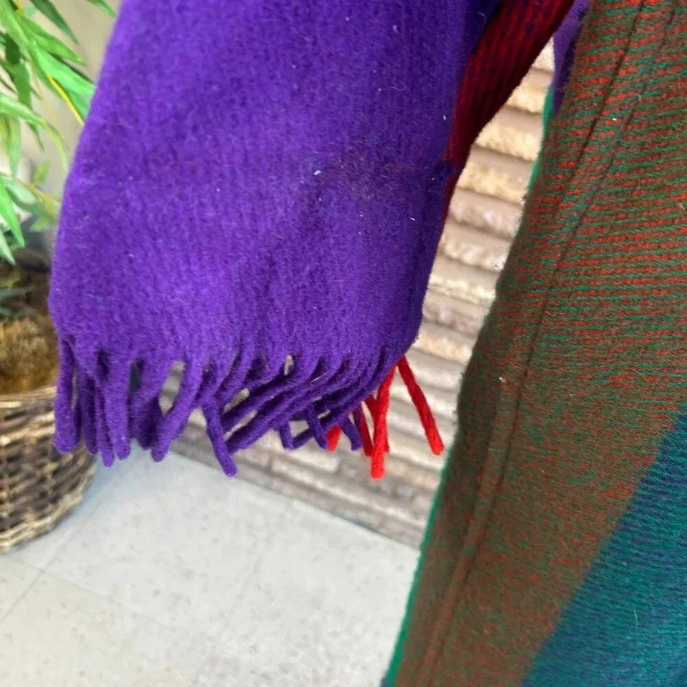Vintage 80s Gallery Colorblock Melton Wool Blanket Coat With Fringe Size XS